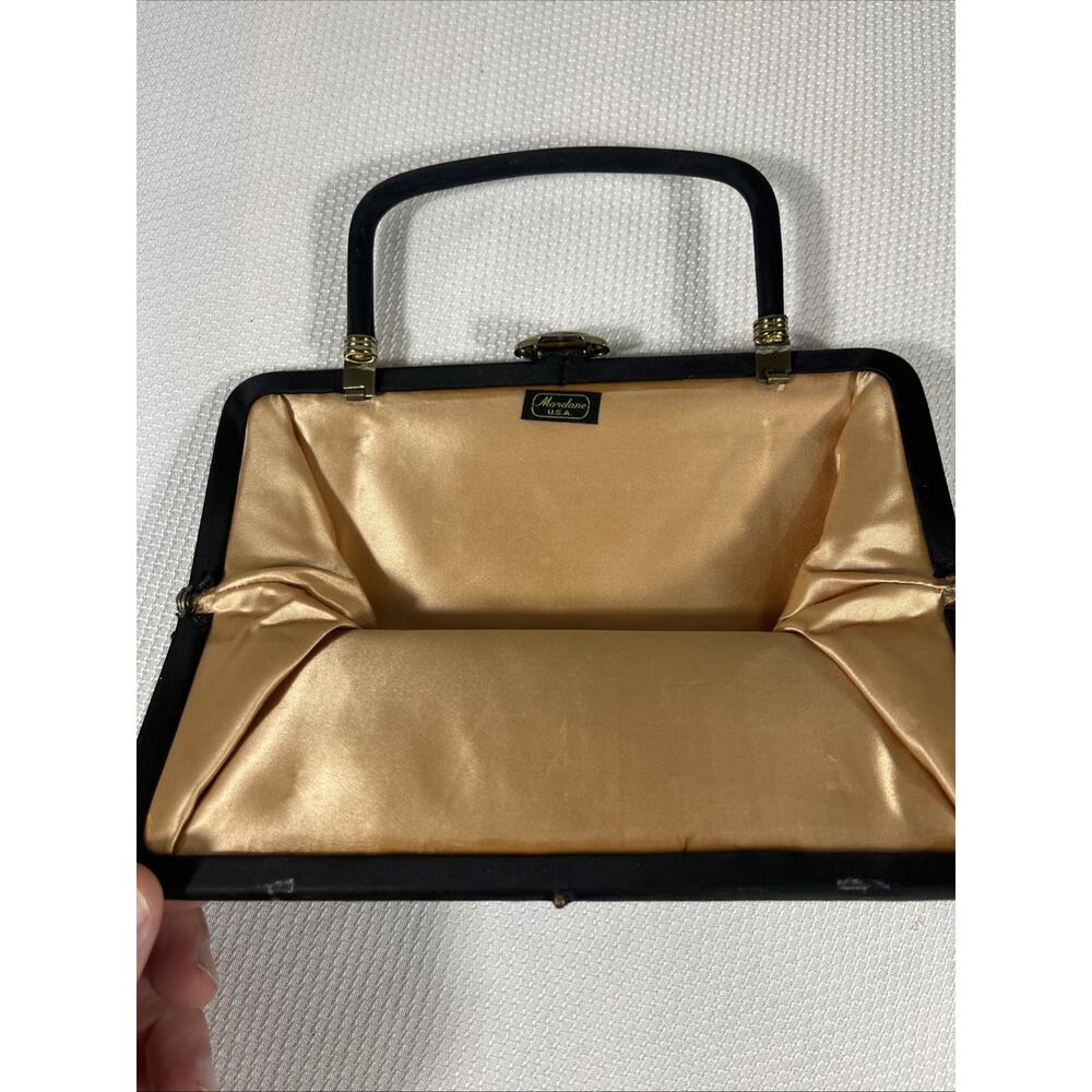 Classy Vintage Madane USA 1940s Clutch Black Satin bag, Gold hardware Pristine - Picture 3 of 14